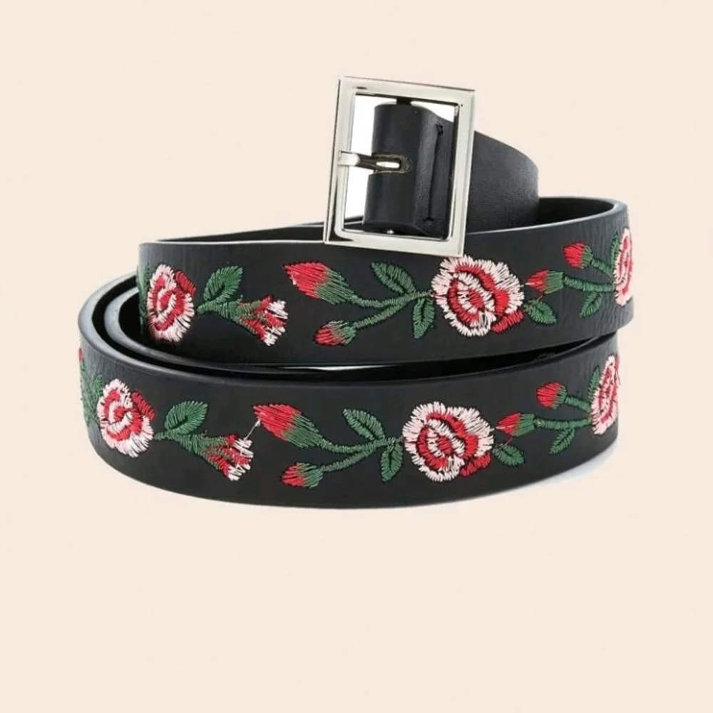 Boho Black Red Floral Embroidered Buckle Faux Leather Belt